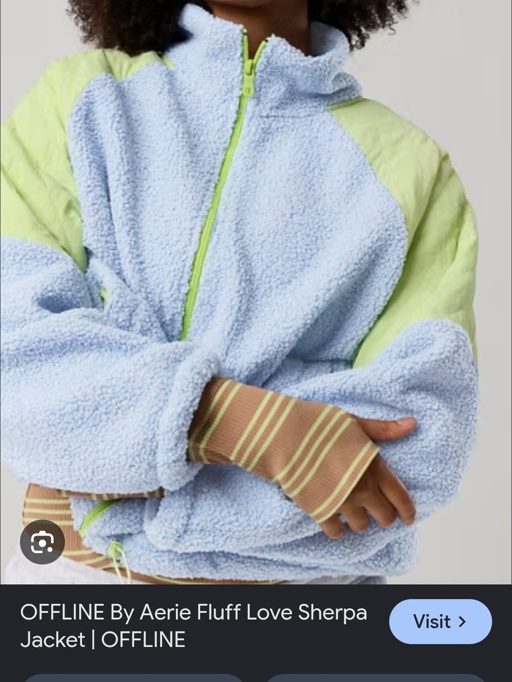 aerie Fluff Love Sherpa Jacket in Light Blue with Lime Accents